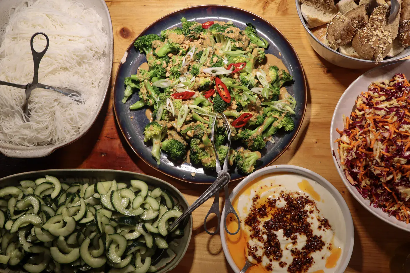 Dinner with broccoli stir fry, noodles and cucumber salad at Algarve Watersport